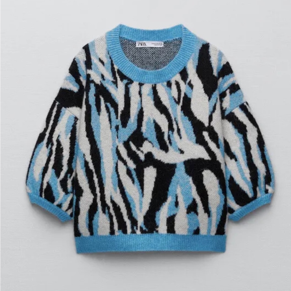 NWOT Zara Animal Jacquard Knit Sweater Blue Size S